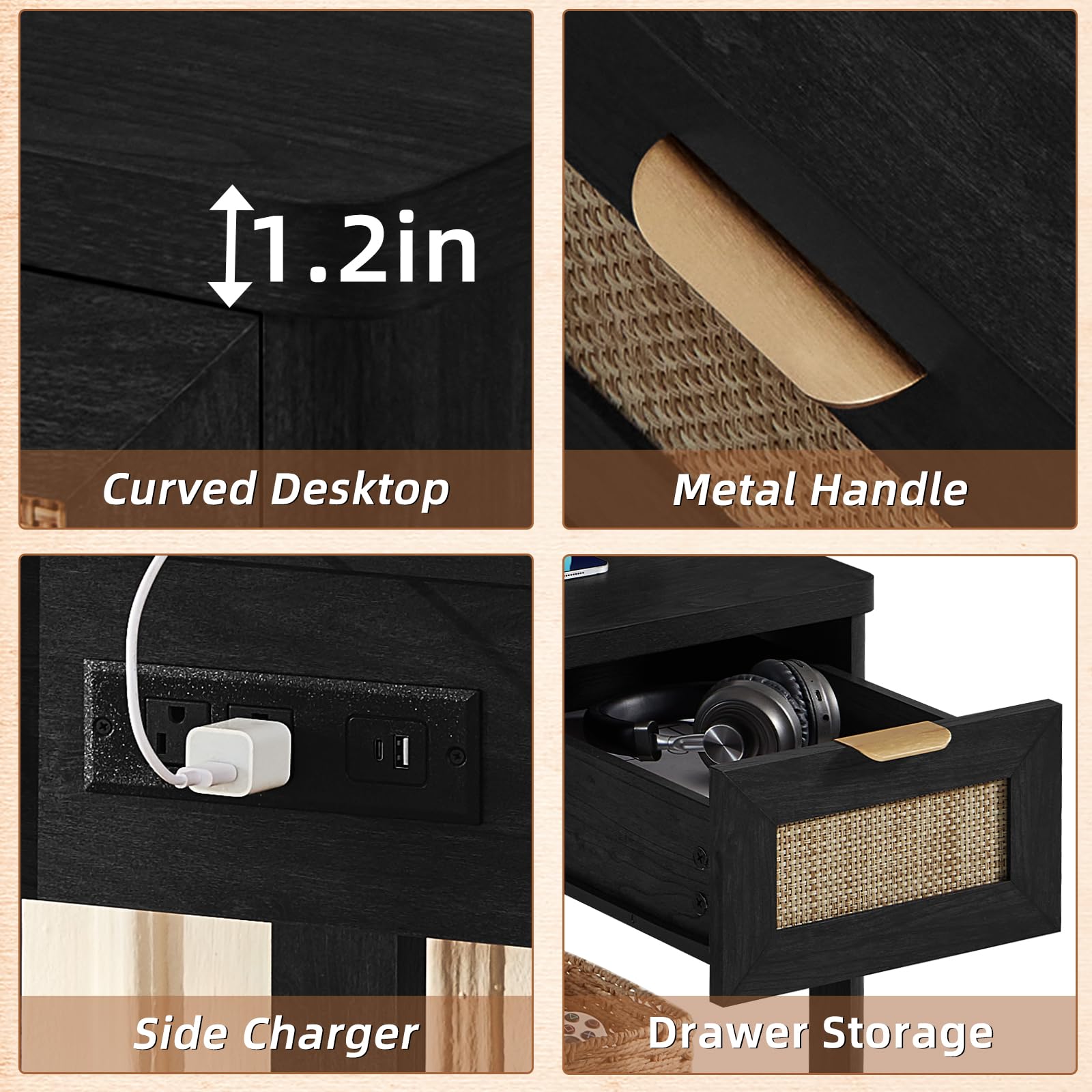 LEYAOYAO Narrow Side Table with Charging Station, Rattan 24 x 14''