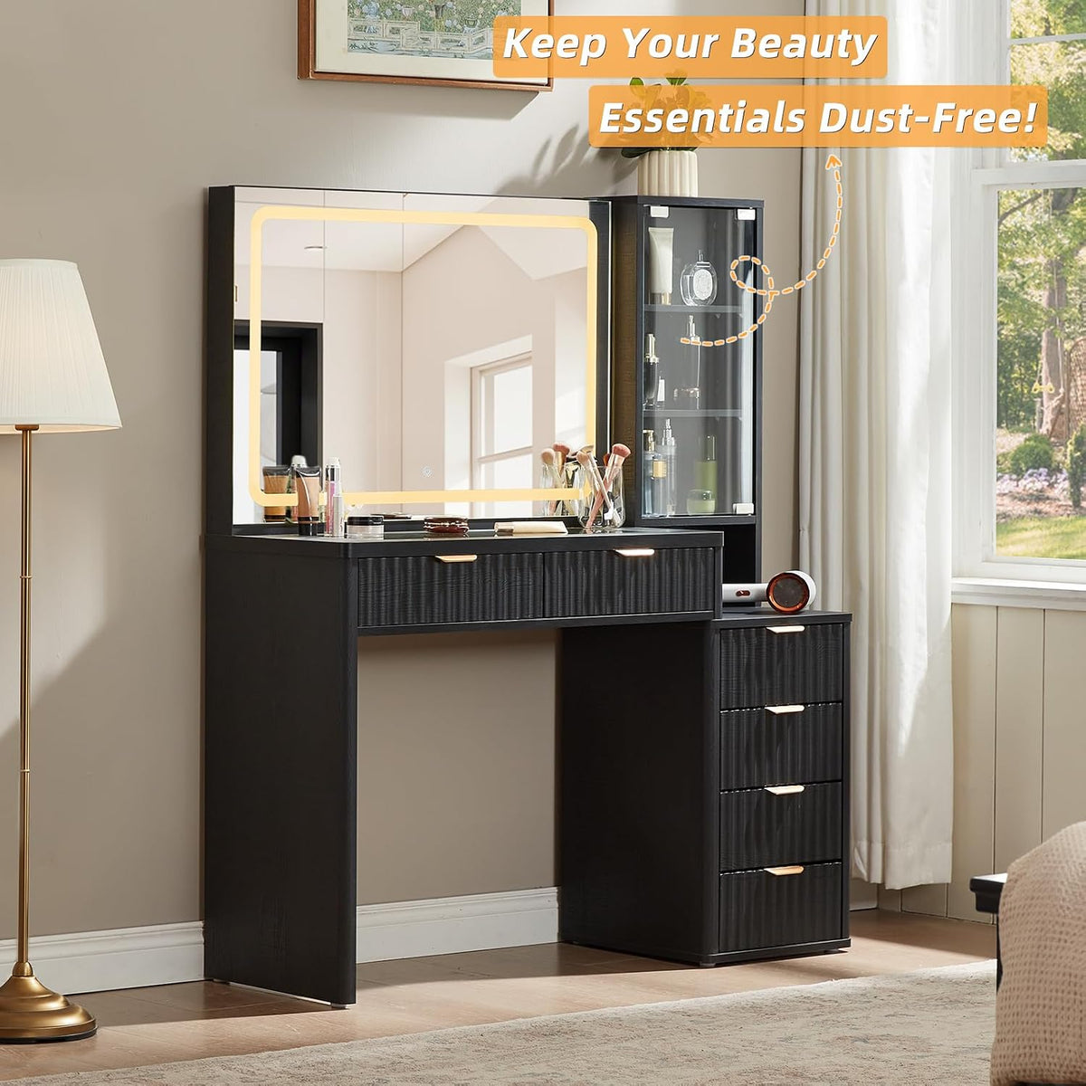 LEYAOYAO Fluted Makeup Vanity Desk with Mirror and Lights, 43.5''