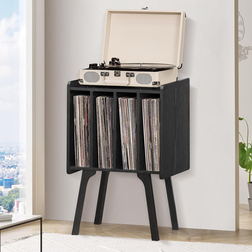 Lerliuo Record Player Stand with Storage Holds Up to 80 Albums, Turntable Stand with Beech Wood Legs, Mid-Century Record Player Table,Black Vinyl Holder Display Shelf for Bedroom Living Room