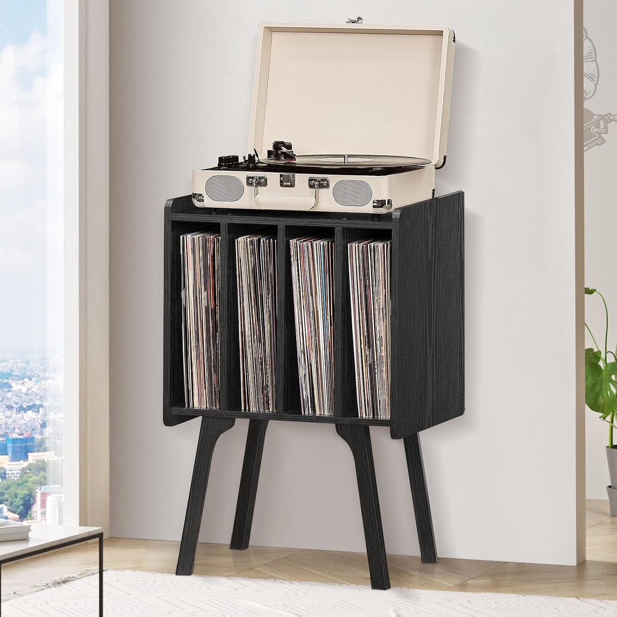 Lerliuo Record Player Stand with Storage Holds Up to 80 Albums, Turntable Stand with Beech Wood Legs, Mid-Century Record Player Table,Black Vinyl Holder Display Shelf for Bedroom Living Room