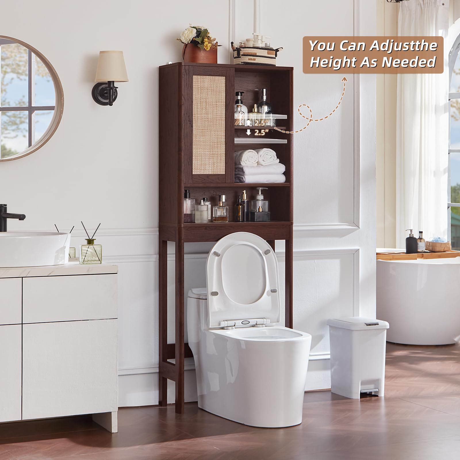 LEYAOYAO 68" Boho Over the Toilet Storage Cabinet with Rattan Sliding Door