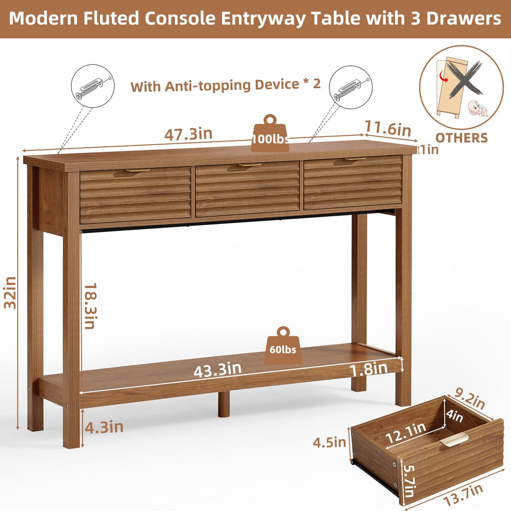 LEYAOYAO 47.2" Fluted Console Table with 3 Drawers, Blue Entryway Table