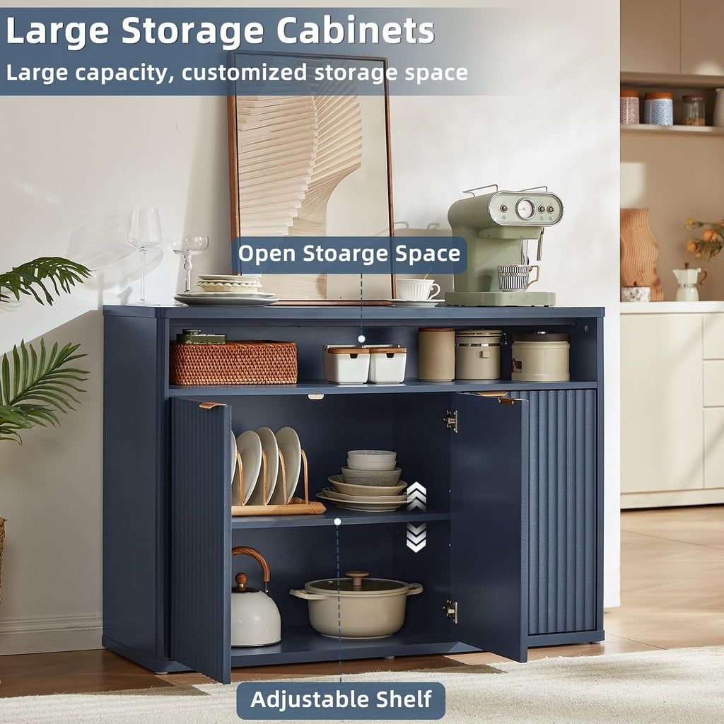 LEYAOYAO 45-Inch Fluted Buffet Cabinet with 3 Doors,Dark Blue