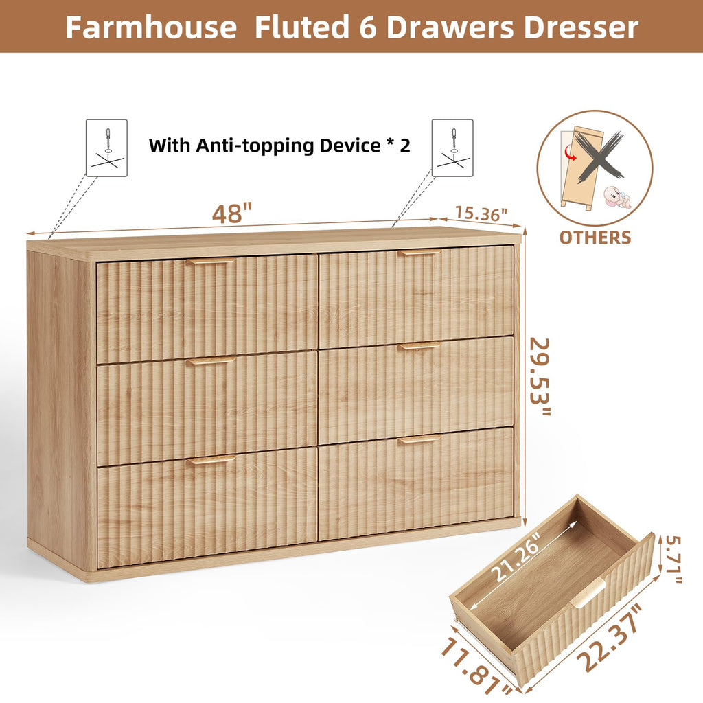 LEYAOYAO Fluted 5 Drawers Dresser for Bedroom, 41" Tall Modern Chest of Drawers with Metal Handle, Curved Profile Design,Natural Wood Drawer Organizer for Bedroom, Living Room, Hallway, Entryway