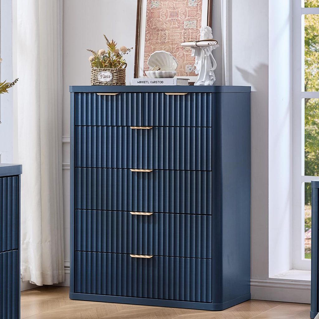 LEYAOYAO Fluted 6 Drawers Dresser for Bedroom Set of 2, 42" Tall Modern Chest of Drawer with Metal Handle, Curved Profile Design,Brown Wood Drawer Organizer for Bedroom, Living Room, Hallway