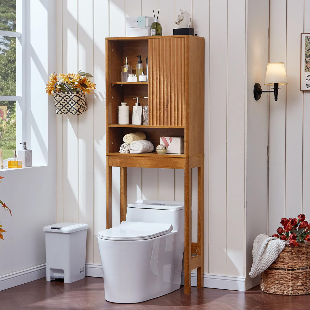 LEYAOYAO 68" Modern Fluted Over The Toilet Storage Cabinet, a Sliding Door