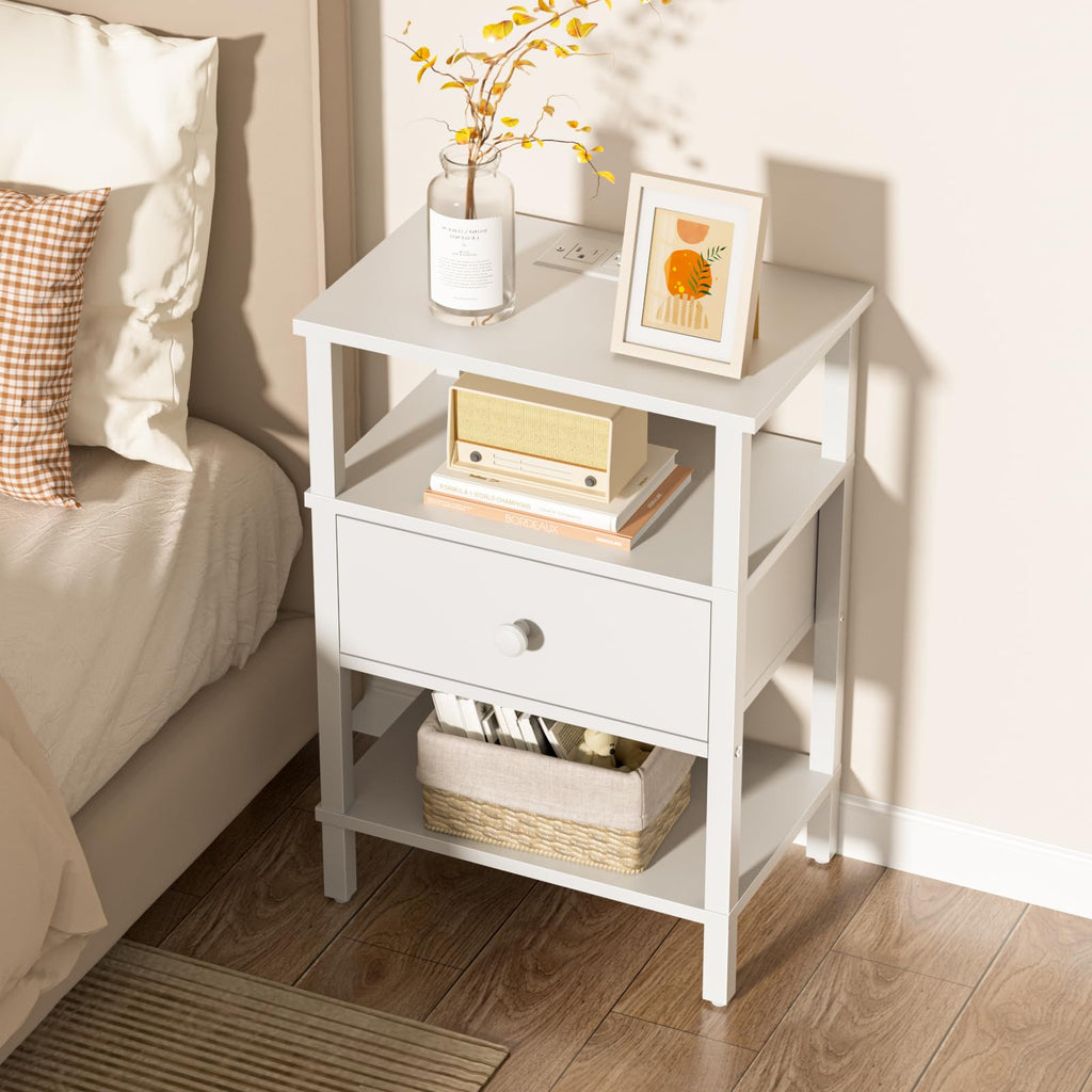 Lerliuo Nightstand with Charging Station and USB Ports, 3-Tier Storage End Table with Drawer Shelf, Night Stand for Small Spaces, Wood Bedside Table for Living Room, Bedroom - Retro Brown…