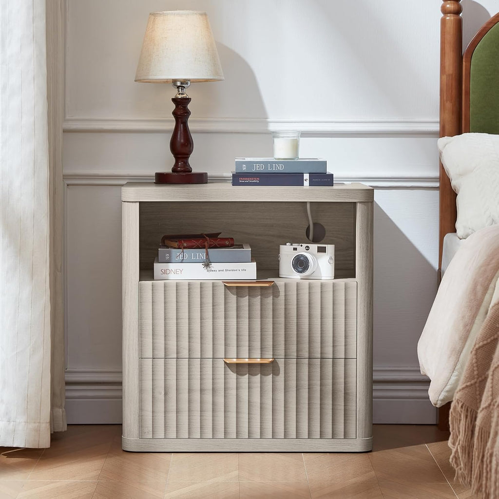 LEYAOYAO 23" Wide Fluted Night Stand with Charging Station, 2 Drawers Large End Table with Storage, LightGrey Nightstand Wood Bedside Tables, Farmhouse Cabinet Dresser for Bedroom, Closet