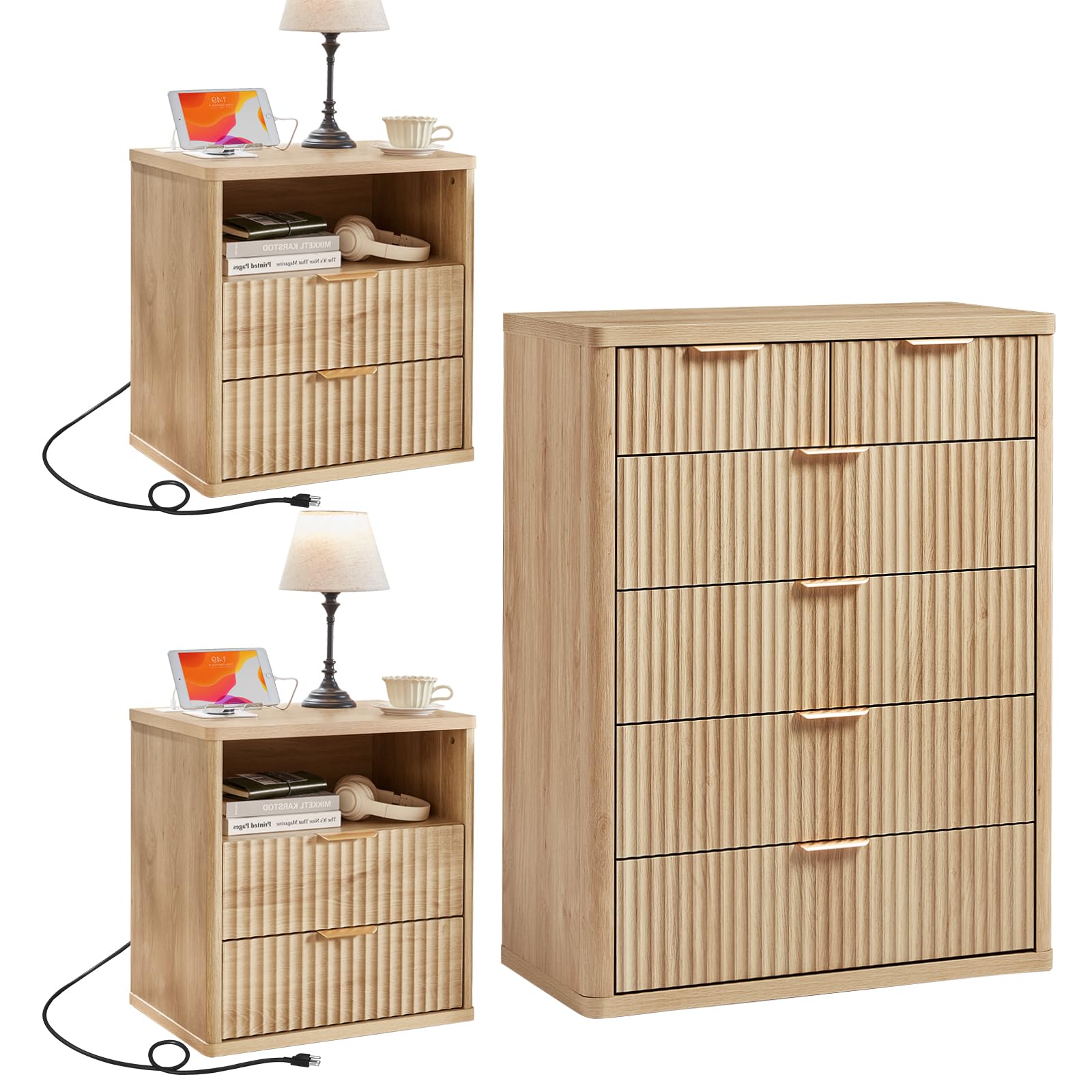 LEYAOYAO Fluted Dressers & Nightstand Set of 4, Wood 48" Wide Dresser & 42" Tall Chest of Drawers,Modern Bedroom Furniture Sets, Black Wooden Nightstand Set of 2 with 2 Drawers & Charging Station