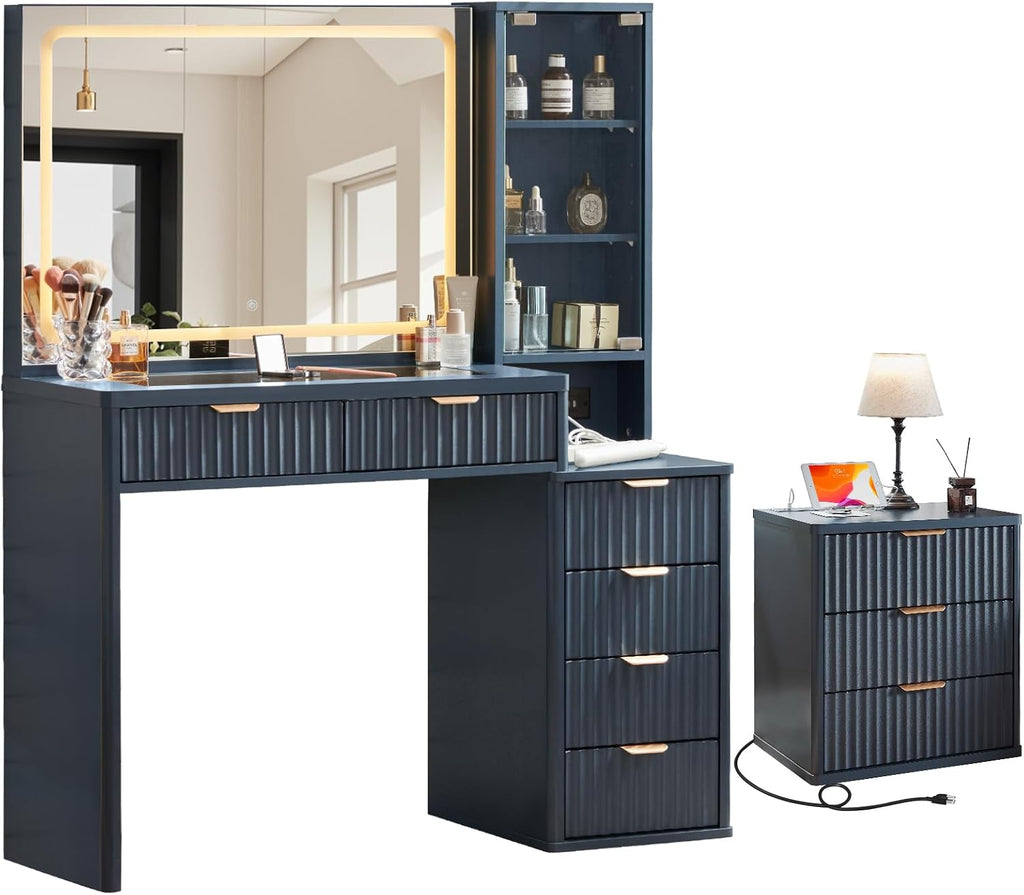 LEYAOYAO Vanity Mirror with Lights and Night Stand Sets, 43.5" Fluted Makeup Vanity with 6 Drawers and Power Outlet, 3 Drawers 23" End Side Table, Natural Wood Makeup Table Bedroom Furniture Set of 2