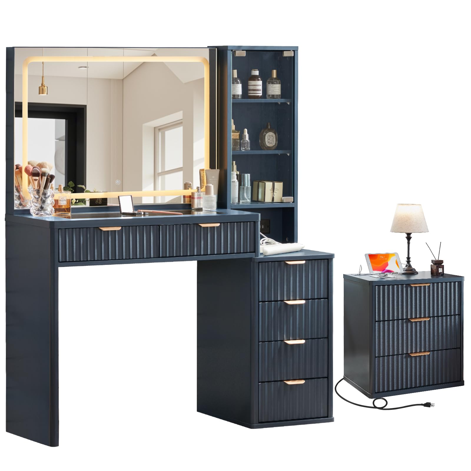 LEYAOYAO Vanity Mirror with Lights and Night Stand Sets, 43.5" Fluted Makeup Vanity with 6 Drawers and Power Outlet, 3 Drawers 23" End Side Table, Natural Wood Makeup Table Bedroom Furniture Set of 2
