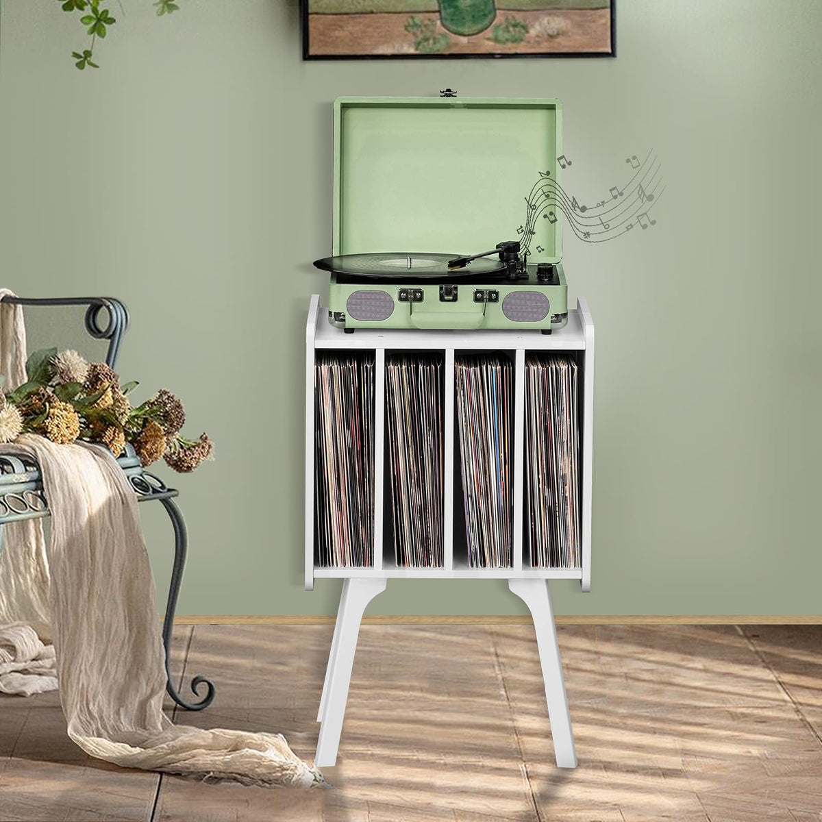 Lerliuo Record Player Stand with Storage Holds Up to 80 Albums, Turntable Stand with Beech Wood Legs, Mid-Century Record Player Table,Black Vinyl Holder Display Shelf for Bedroom Living Room
