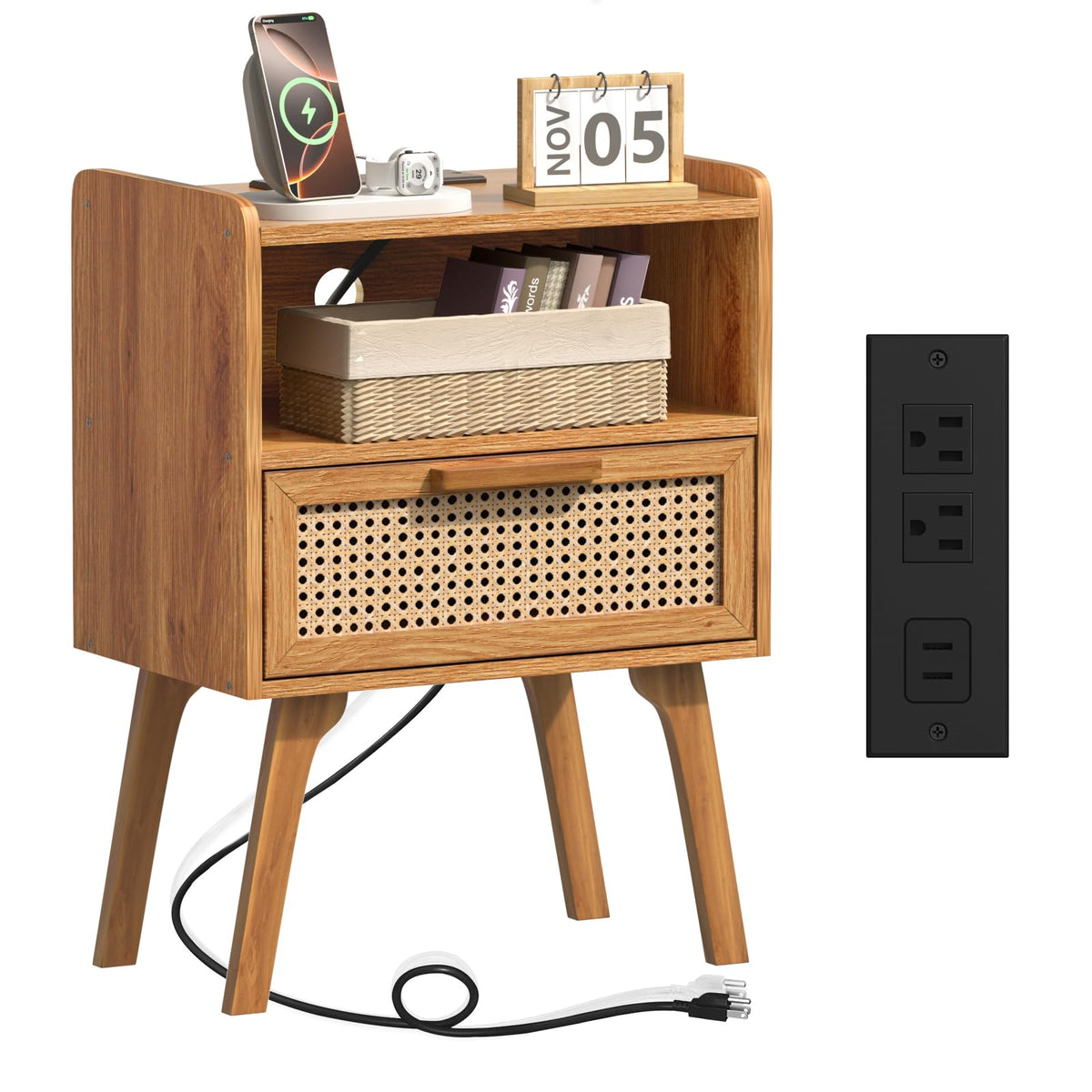 Lerliuo Rattan Nightstand with Charging Station, Boho Night Stand