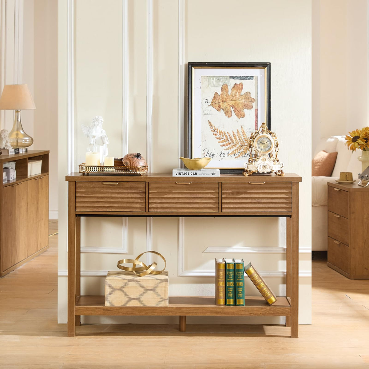 LEYAOYAO 47.2" Fluted Console Table with 3 Drawers, Blue Entryway Table