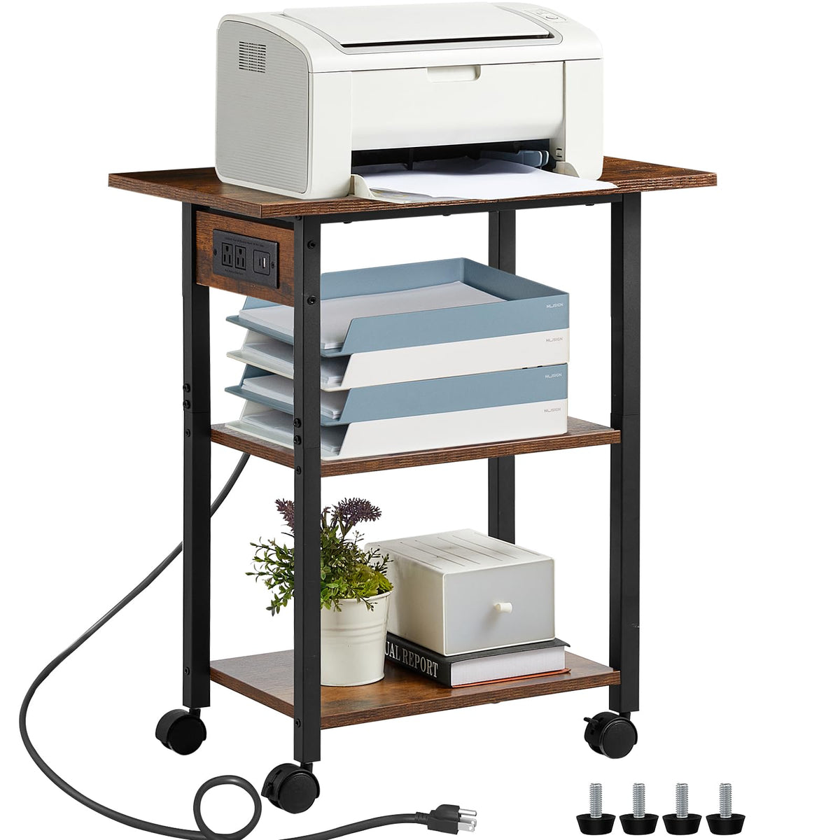 Lerliuo 3-Tier Printer Stand, Industrial Mobile Printer Table with Storage Shelf and Steel Frame, Rolling Printer Cart Holder with Lockable Wheels for Home, Office (White)