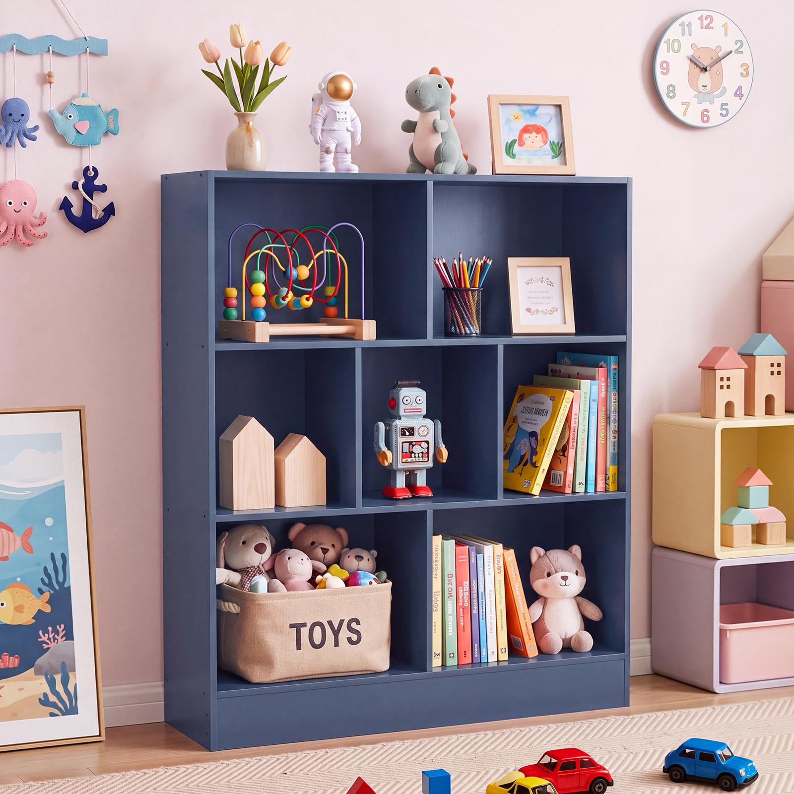LEYAOYAO 7 Cube Bookshelf with Base,3 Tier Mid-Century Modern Blue Bookcase,Standing Wide Bookshelves Storage Organizer Shelf,Rustic Wood Display Cabinet Book Shelves for Bedroom,Living Room,Office