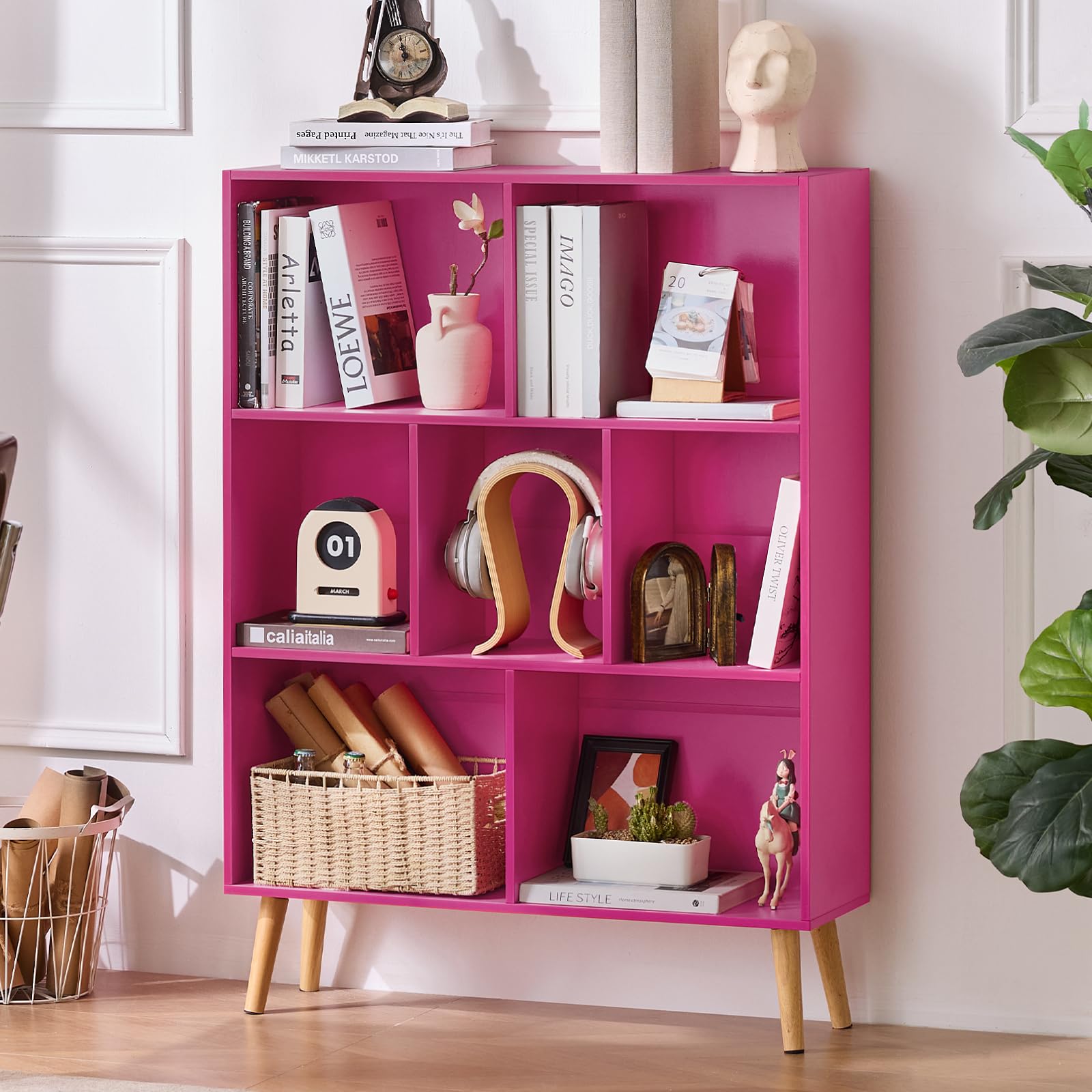LEYAOYAO Cube Bookshelf, Mid-Century Modern Book Shelf with Legs, Brown