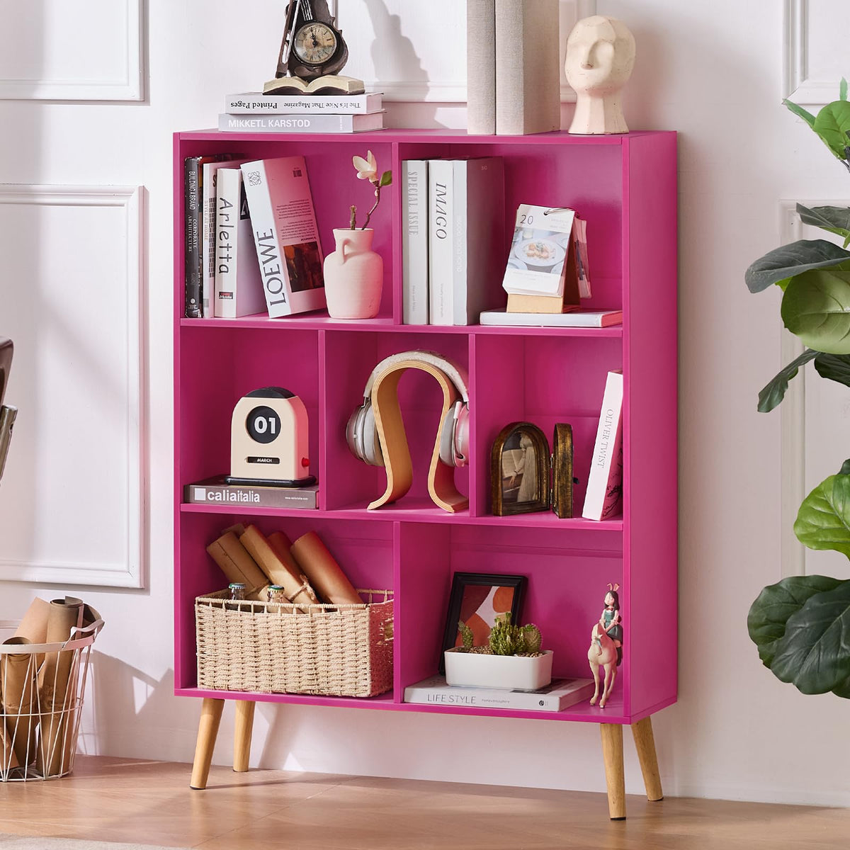 LEYAOYAO Cube Bookshelf, Mid-Century Modern Book Shelf with Legs, Brown