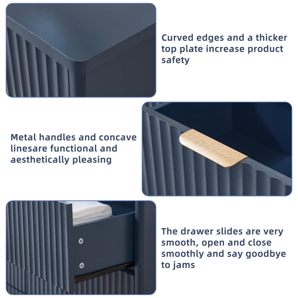 Lerliuo Fluted Nightstand with Charging Station, 23" Wide 2 Drawers End Table, Blue Night Stand with Open Storage Cabinet, Farmhouse Bed Side Tables, Wood Dresser for Bedroom