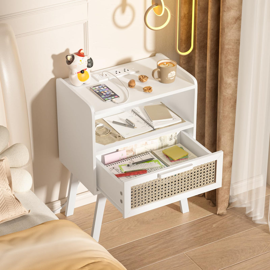 Lerliuo Rattan Nightstand with Charging Station, Boho Night Stand
