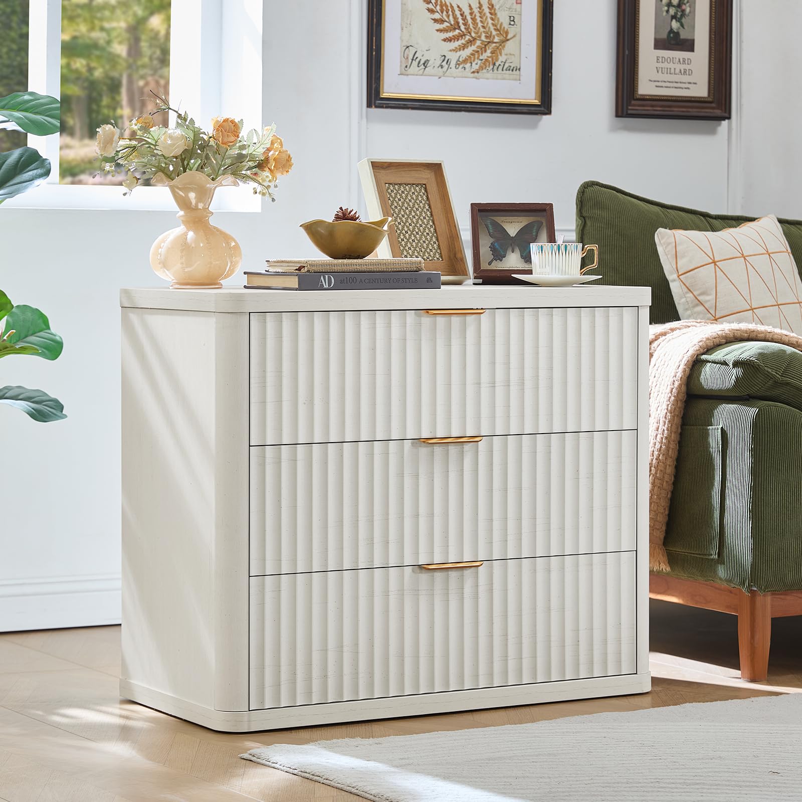 LEYAOYAO 31.5" Wide Fluted Nightstand, Oversized Night Stand, Antique White