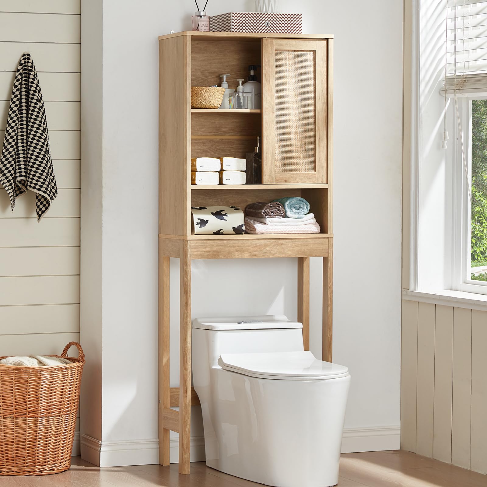 Lerliuo Rattan Bathroom Wall Cabinet, Boho Natural Medicine Cabinet with Adjustable Wood Shelf, 2 Doors Over The Toilet Storage Cabinets for Laundry Room, Kitchen, Living Room