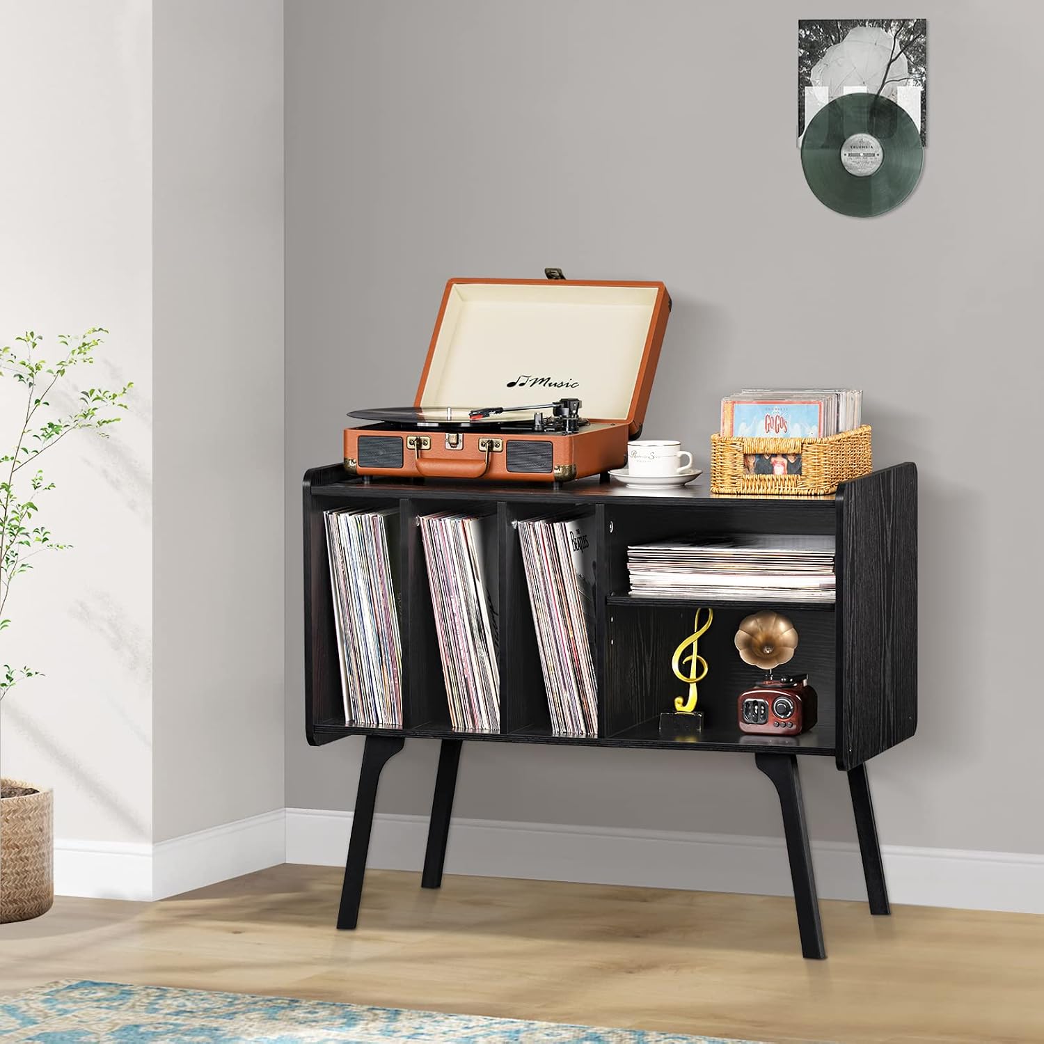Lerliuo Record Player Stand with 4 Cabinet Holds Up to 220 Albums, Large Black Turntable Stand with Beech Wood Legs, Mid-Century Record Player Table, Vinyl Holder Storage Shelf for Bedroom Living Room