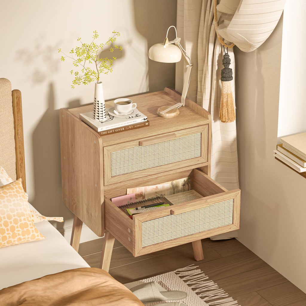 Lerliuo Rattan Nightstands Set of 2 for Bedroom, 2 Drawers