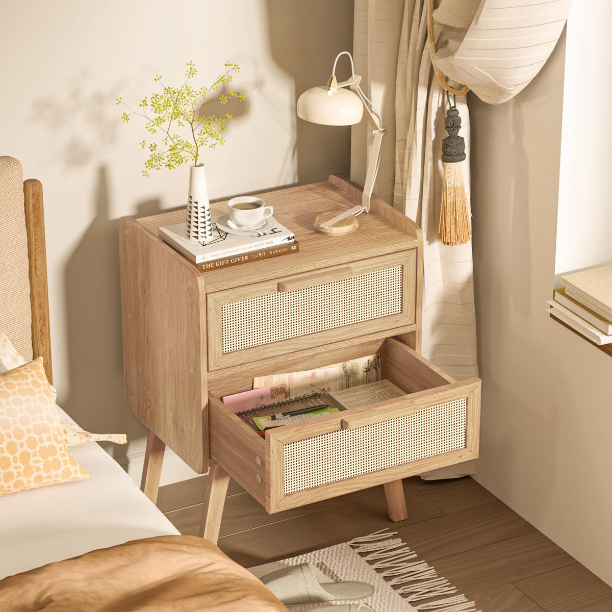 Lerliuo Rattan Nightstands Set of 2 for Bedroom, 2 Drawers