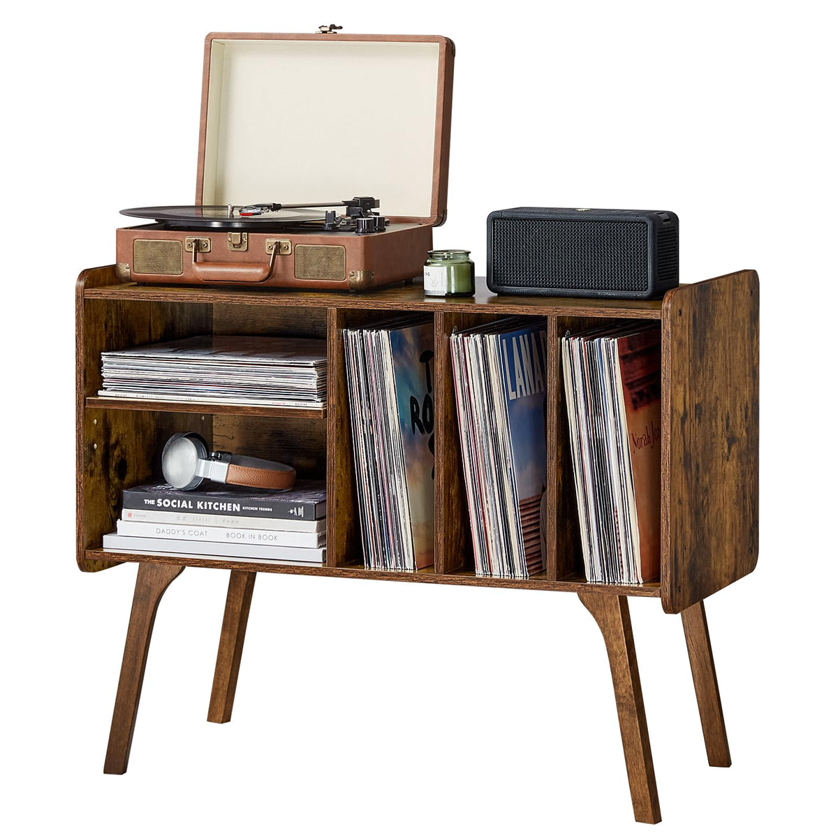 Lerliuo Record Player Stand with 4 Cabinet Holds Up to 220 Albums,Oak