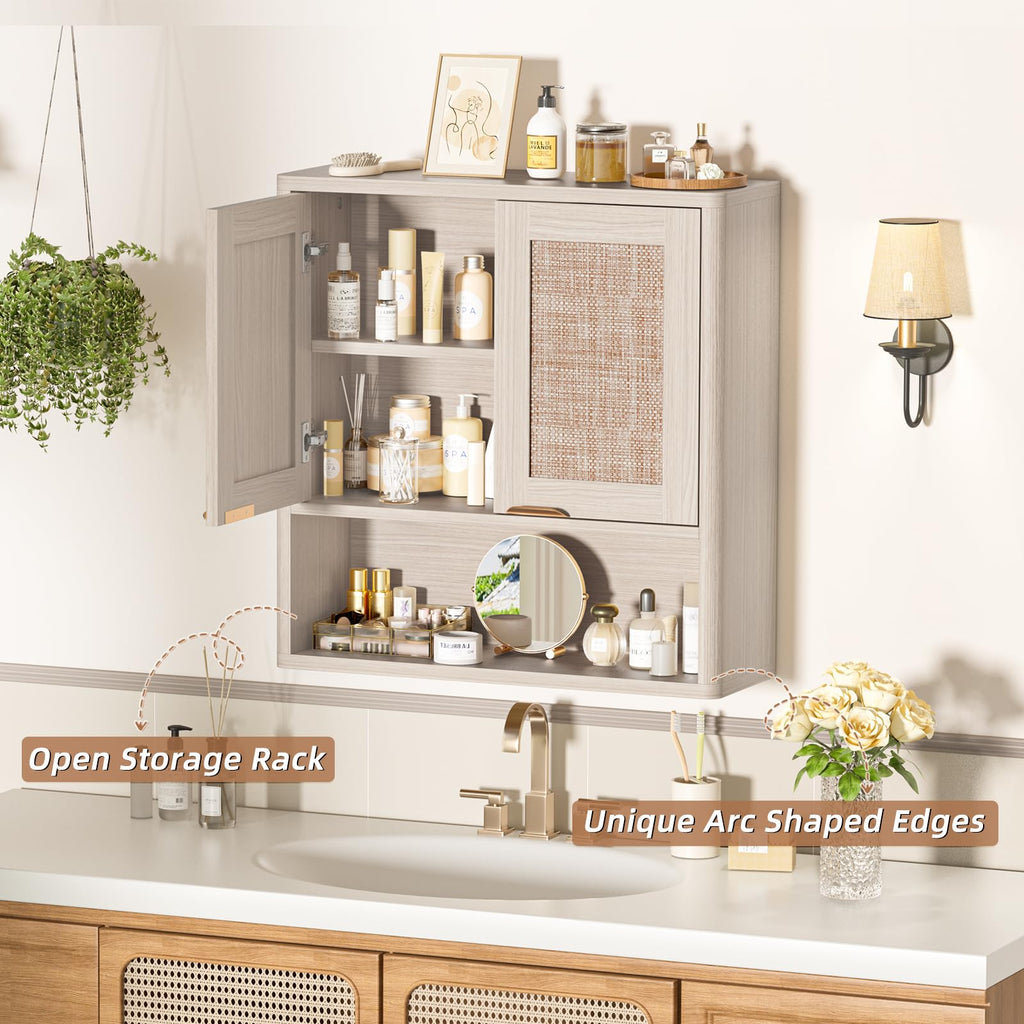 LEYAOYAO 68" Boho Over the Toilet Storage Cabinet with Rattan Sliding Door