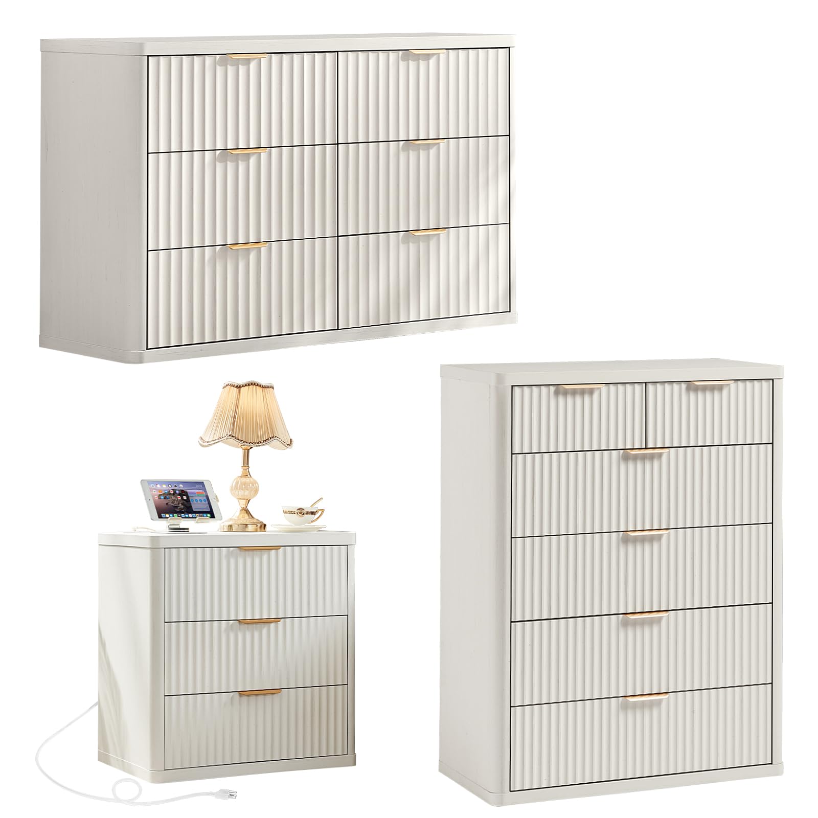 LEYAOYAO Fluted Dressers & Nightstand Set of 4, Wood 48" Wide Dresser & 42" Tall Chest of Drawers,Modern Bedroom Furniture Sets, Natural Wooden Nightstand Set of 2 with 3 Drawers & Charging Station