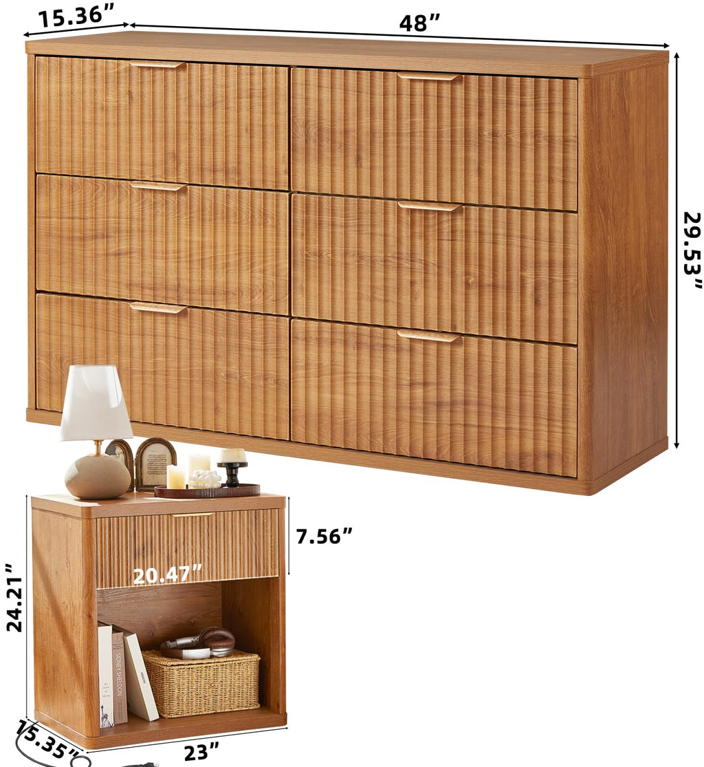 LEYAOYAO 48" Wide Fluted Dresser and 1 Drawers 23" Nightstand Set of 2, Wooden Dresser & Night Stand with Charging Station, 3 Piece Bedroom Furniture Set, Chest of Drawer for Living Room,Antique White