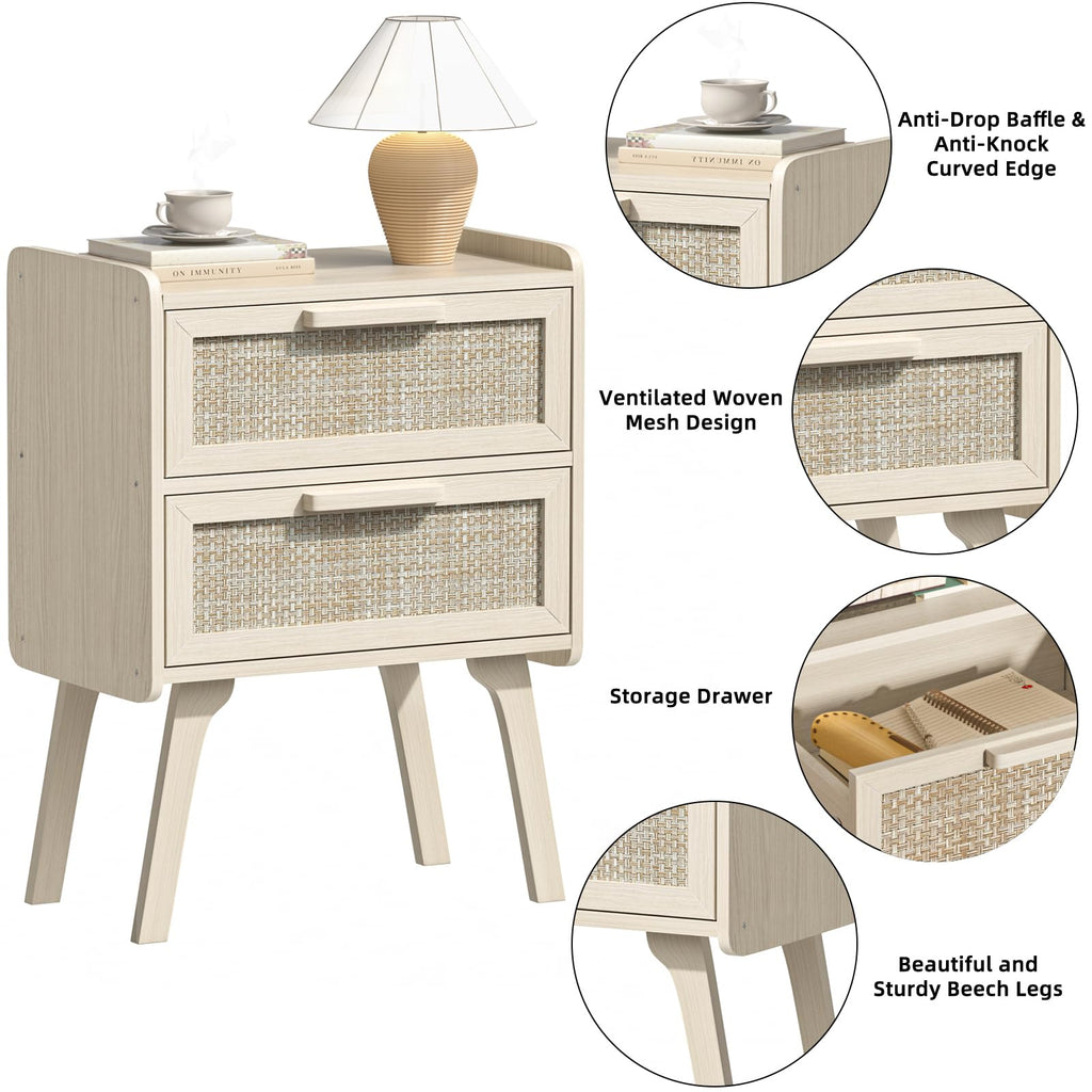 Lerliuo Rattan Nightstands Set of 2 for Bedroom, 2 Drawers