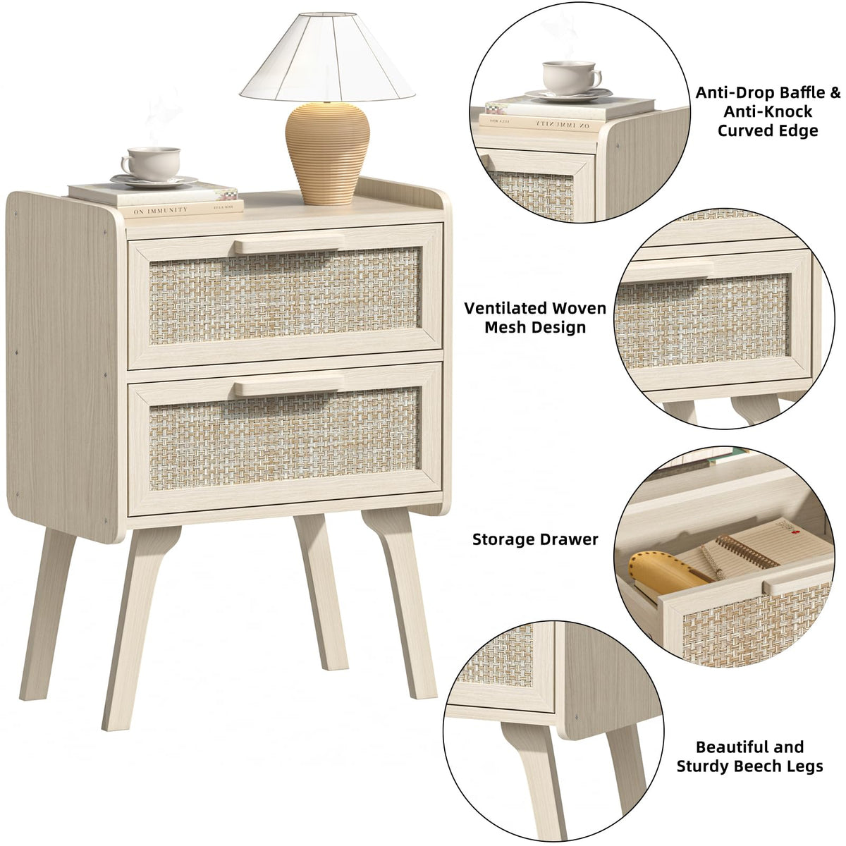 Lerliuo Rattan Nightstands Set of 2 for Bedroom, 2 Drawers