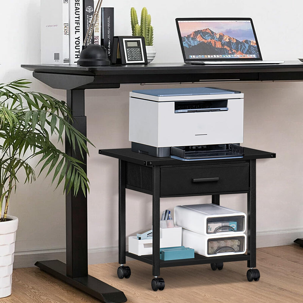 Lerliuo Under Desk Rolling Printer Stand with Drawer, 2-Tier Industrial Mobile Printer Table Desk with Storage Shelf and Steel Frame, Printer Cart Holder with Lockable Wheels for Home, Office (Brown)