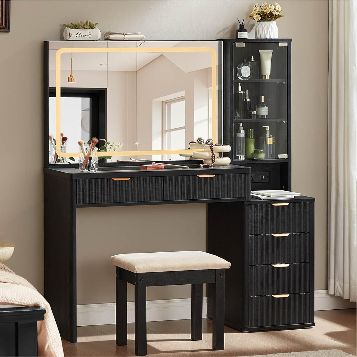 LEYAOYAO Fluted Makeup Vanity Desk with Mirror and Lights, Stool Sets