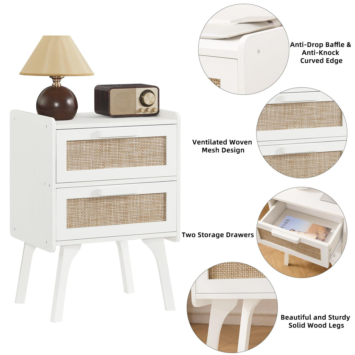 Lerliuo Rattan Nightstands Set of 2 for Bedroom, 2 Drawers