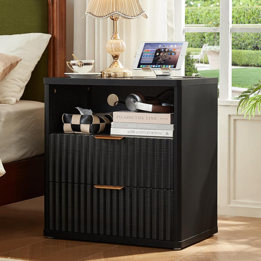 LEYAOYAO 23" Wide Fluted Night Stand with Charging Station, 2 Drawers Large End Table with Storage, LightGrey Nightstand Wood Bedside Tables, Farmhouse Cabinet Dresser for Bedroom, Closet