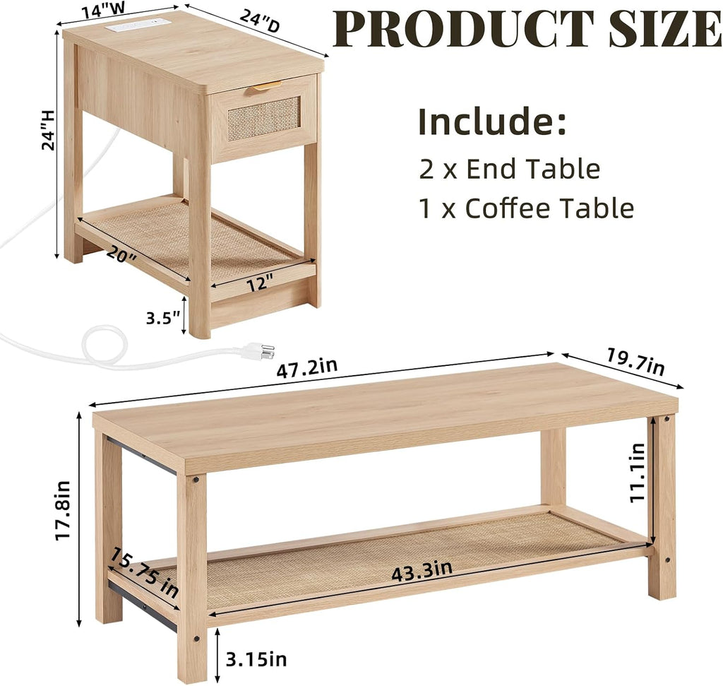 Lerliuo Rattan Coffee Table Set of 3, Natural