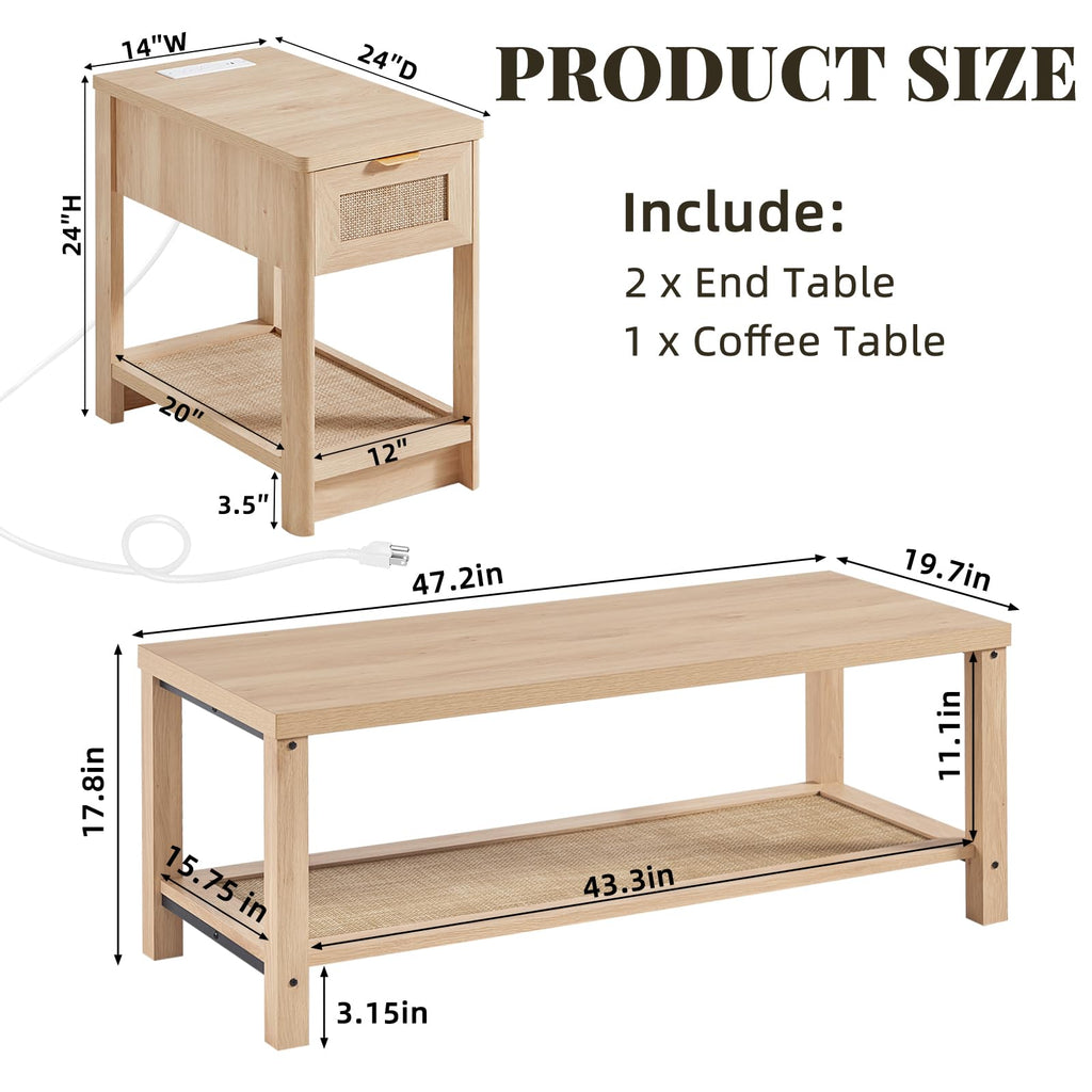 Lerliuo Rattan Coffee Table Set of 3, Natural