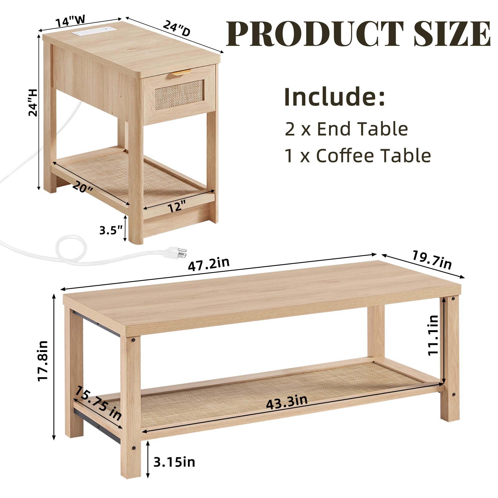 Lerliuo Rattan Coffee Table Set of 3, Natural