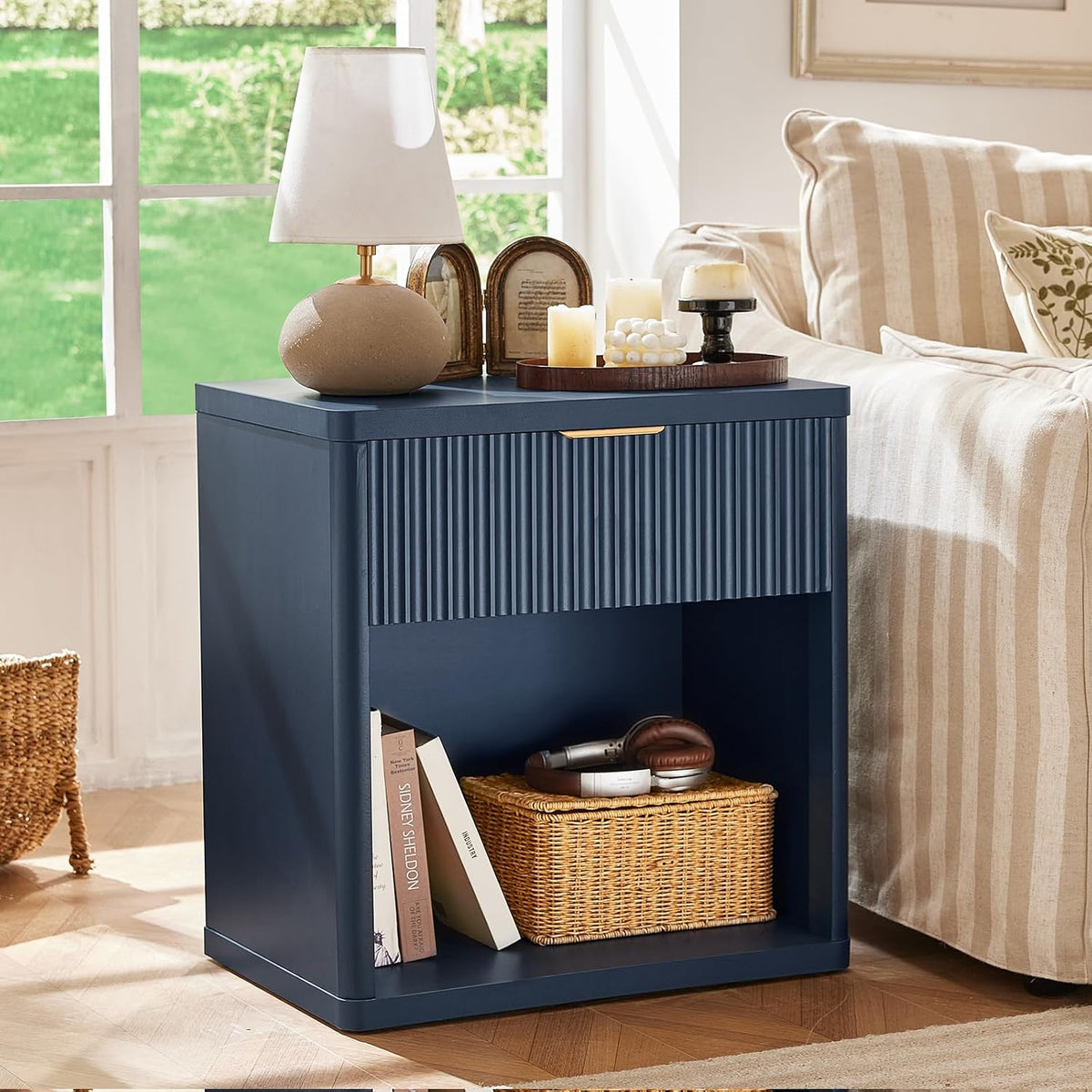 LEYAOYAO 23" Wide Fluted Night Stand with Charging Station, 3 Drawers Large End Table with Storage, Natural Nightstand Wood Bedside Tables, Farmhouse Cabinet Dresser for Bedroom, Closet