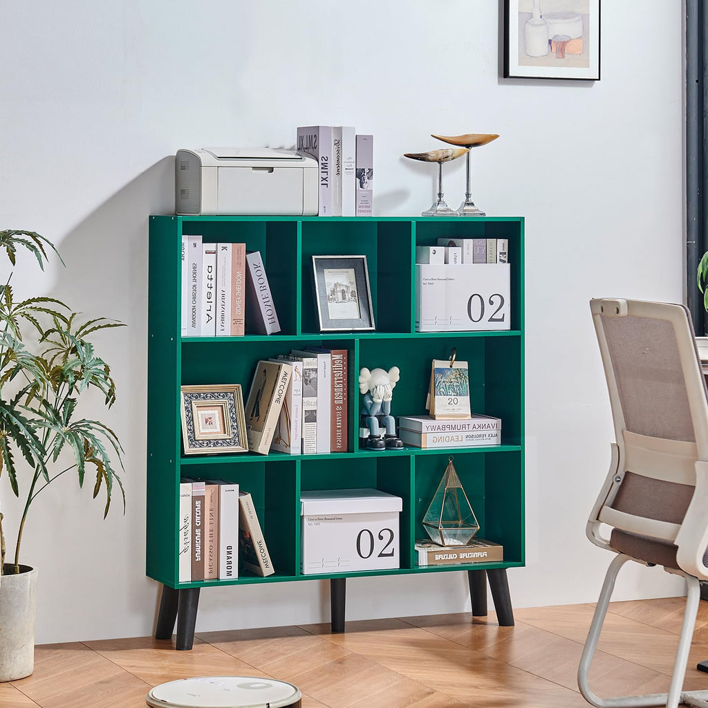 LEYAOYAO 7 Cube Bookshelf, Mid-Century Modern Bookcase Legs,Black Wooden Book Shelves, Wood 3-Tier Freestanding Storage Organizer Display Shelf for Bedroom,Living Room,Office