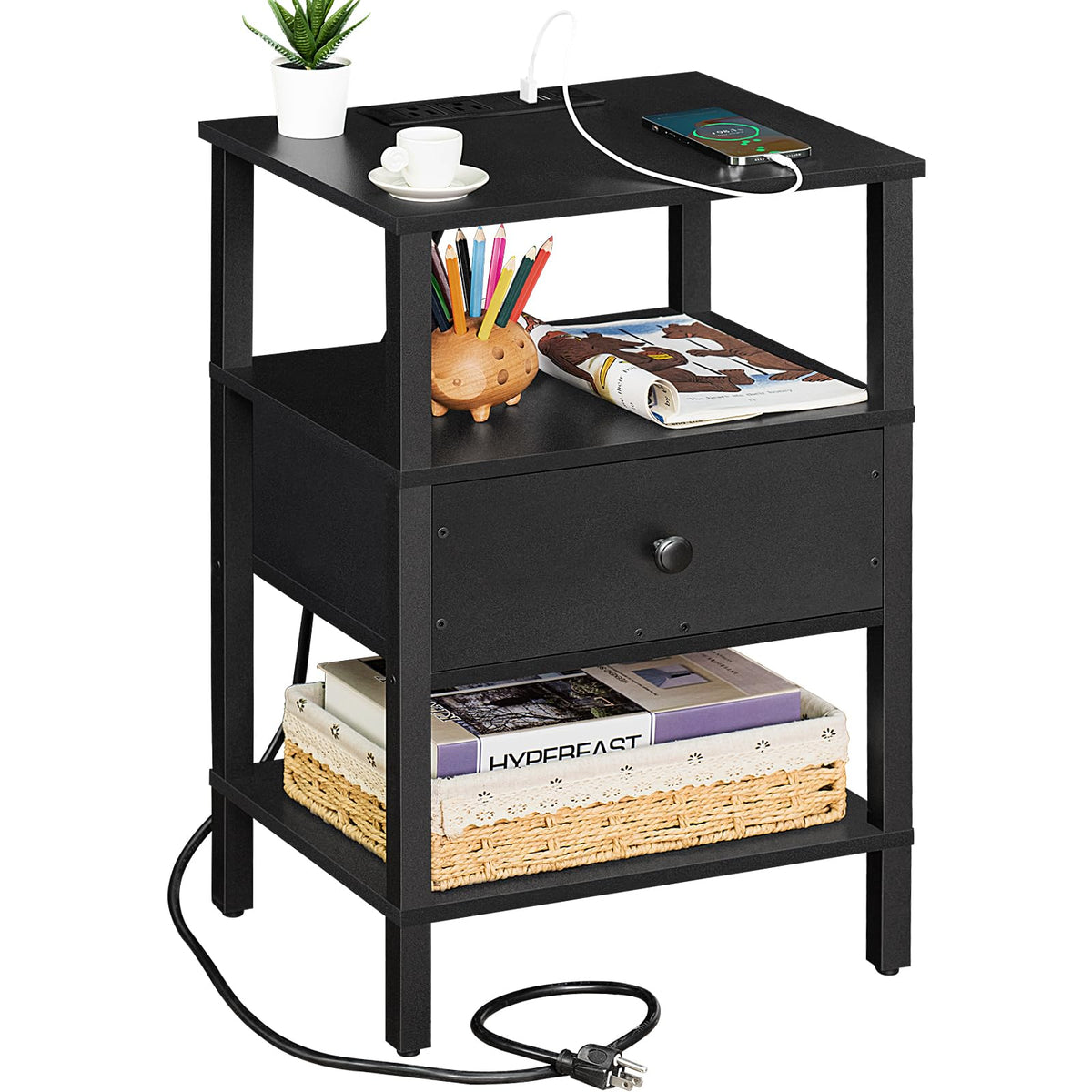 Lerliuo Nightstand Set 2 with Charger, 3 Tier Storage End Table