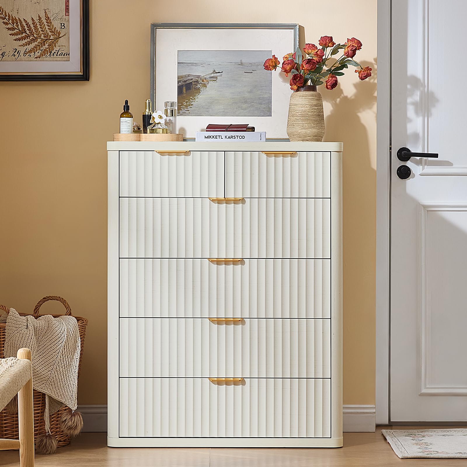 LEYAOYAO 23" Wide Fluted Night Stand with Charging Station, 3 Drawers Large End Table with Storage, LightGrey Nightstand Wood Bedside Tables, Farmhouse Cabinet Dresser for Bedroom, Closet