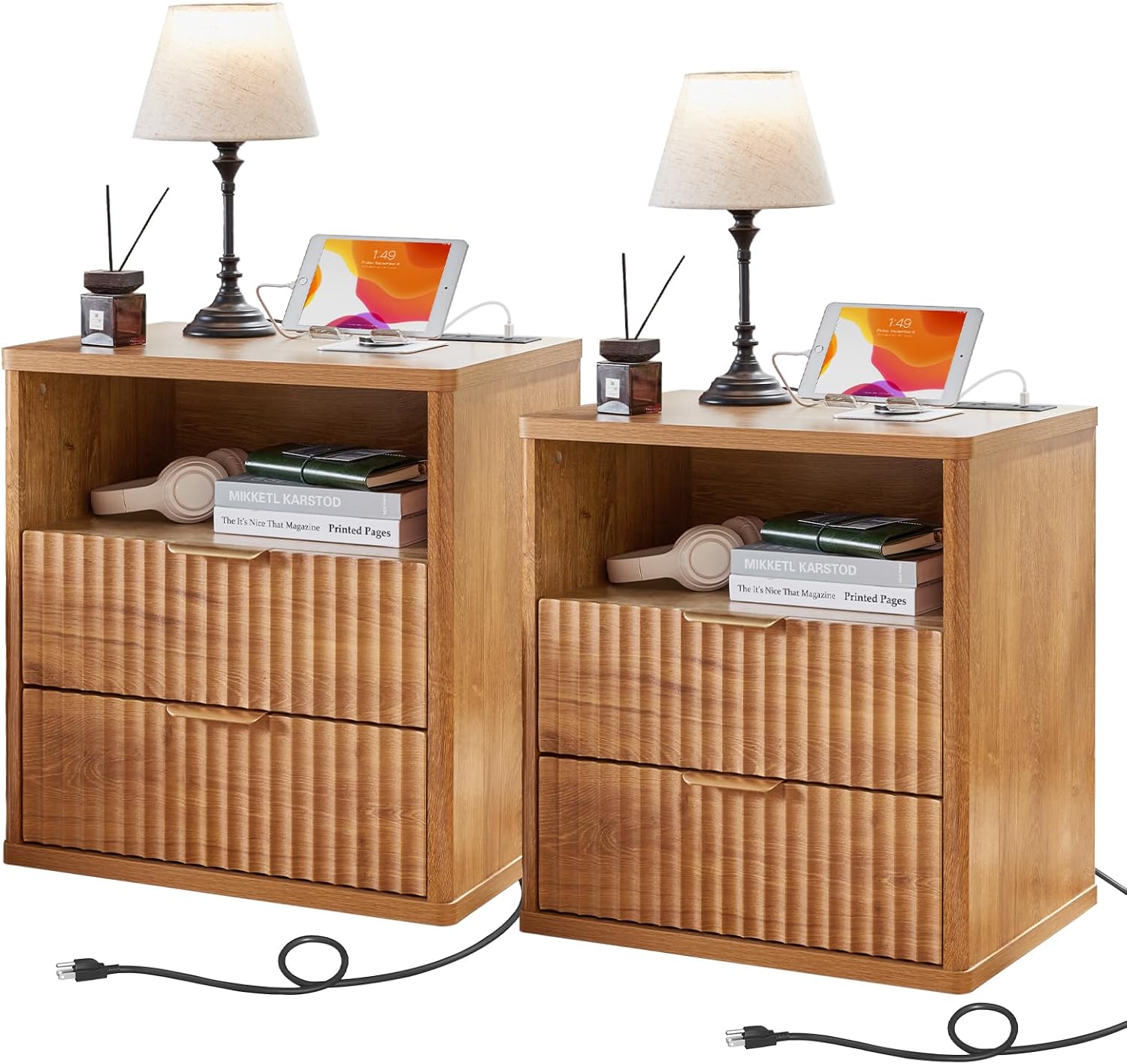 LEYAOYAO 23" Wide Fluted Night Stand with Charging Station, 3 Drawers Large End Table with Storage, Natural Nightstand Wood Bedside Tables, Farmhouse Cabinet Dresser for Bedroom, Closet