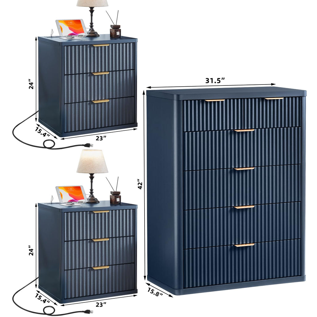 LEYAOYAO Fluted Dressers & Nightstand Set of 4, Wood 48" Wide Dresser & 42" Tall Chest of Drawers,Modern Bedroom Furniture Sets, Natural Wooden Nightstand Set of 2 with 3 Drawers & Charging Station