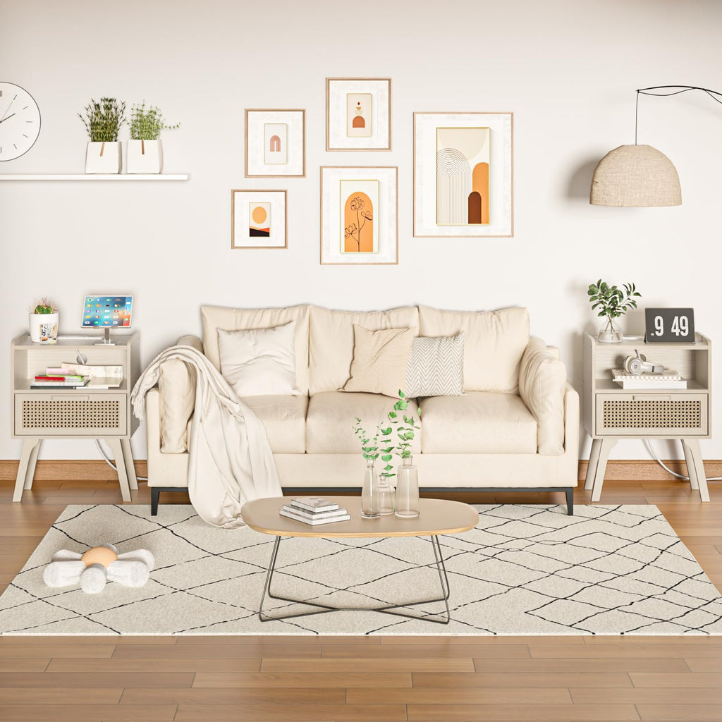 Lerliuo Rattan Nightstand with Charging Station, Boho Night Stand