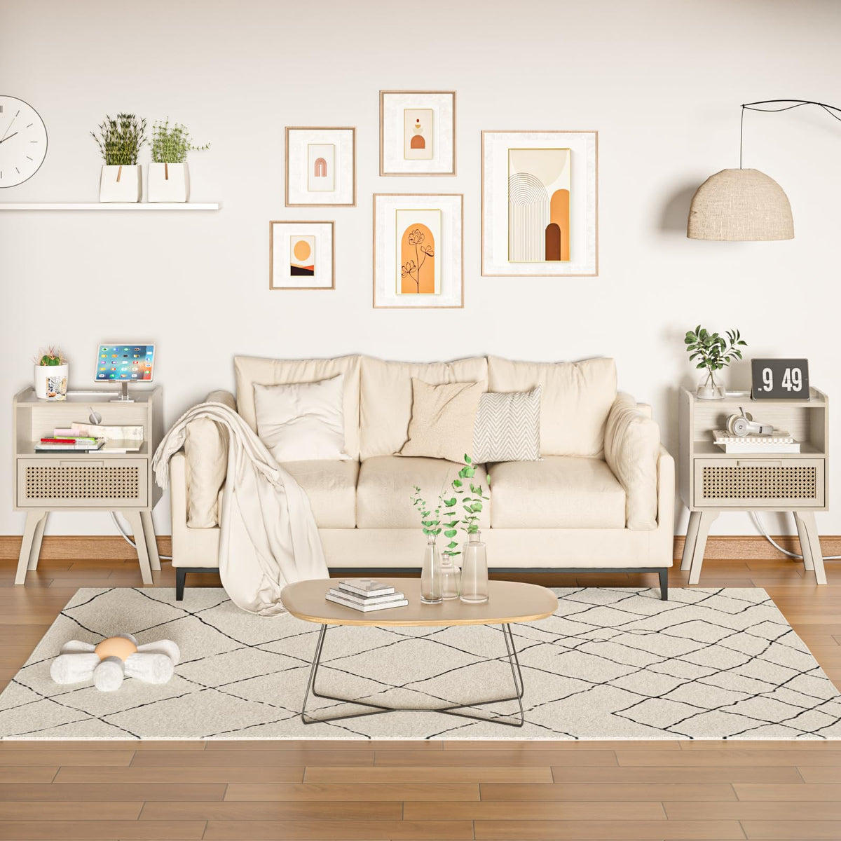 Lerliuo Rattan Nightstand with Charging Station, Boho Night Stand